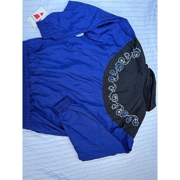 Vintage Lavon Windbreaker Navy Blue Embroidered Flowers Medium Jacket 90s - Picture 7 of 13